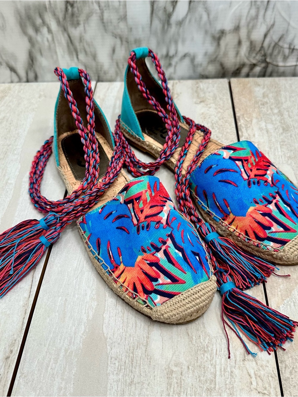 Sam Edelman Blue Multi Tropical Espadrille Lace-Up Flats
